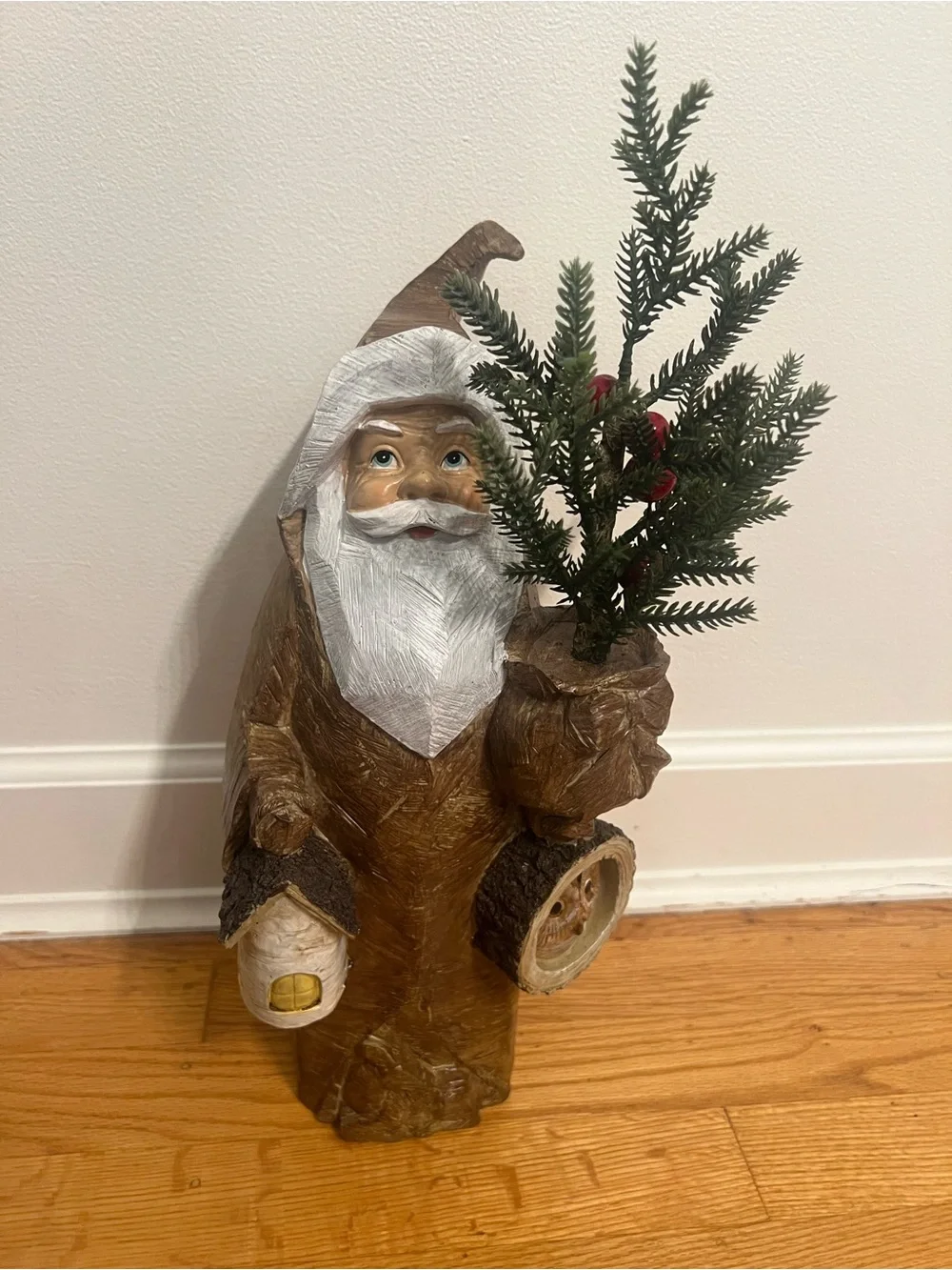 Rustic Brown Santa Figure Holiday Decor with Green Tree & owl